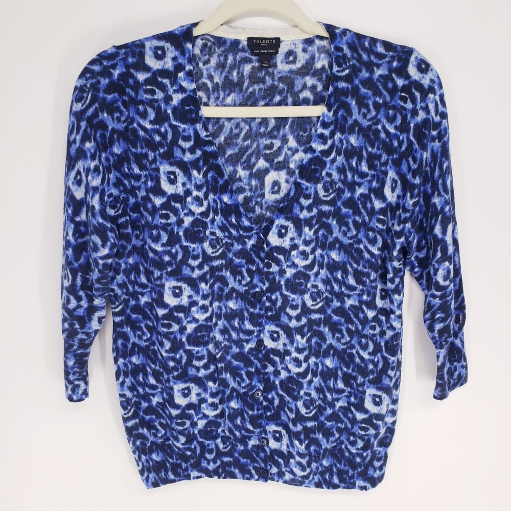 Talbots Pure Italian Merino Wool Cardigan Women LP Blue Abstract Leopard Print